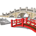 Traditional Arch Landscape Bridge With Stone Structure And Red Railing Design 3d model