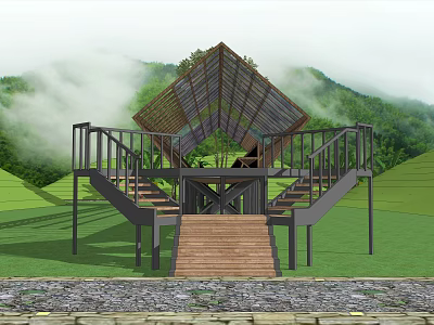 Modern Wooden Pergola with Glass Roof Stairs and Platform in Mountain Greenery 3d model