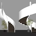 Modern White Spiral Staircases Interior With Dark Steps And Potted Plants Design
