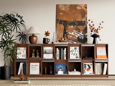 Modern Wooden Bookcase With Books Decorations Table Lamp Abstract Painting And Green Plant 3d model