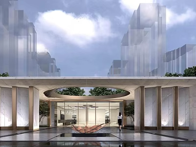 Modern Entrance Gate Design With Glass Doors Marble Columns Circular Opening And Greenery Water Pool 3d model