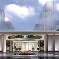 Modern Entrance Gate Design With Glass Doors Marble Columns Circular Opening And Greenery Water Pool