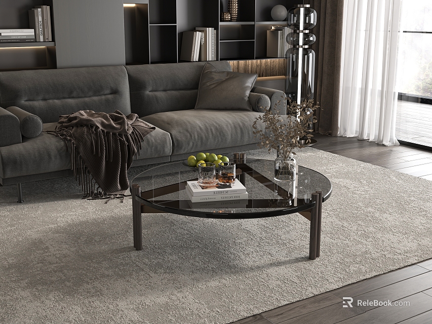 Glass Coffee Table with Metal Legs by Grey Sofa Holding Fruits Book and Dried Flowers 3d model 