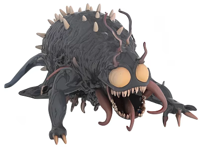 Black Monster Figure With Spikes Large Yellow Eyes Sharp Teeth And Tentacles 3d model
