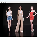 Women in Different Stylish Outfits Posing Elegantly Against Black Background 3d model