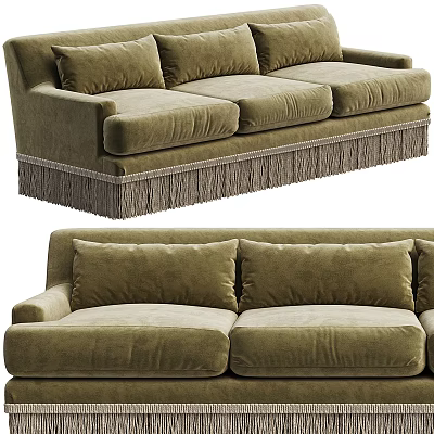 Olive Green Velvet Three Seater Sofa With Fringe Detail And Plush Cushions 3d model