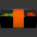 Display Shelf Showcasing Colorful Fruit Vegetable Plastic Containers With Transparent Lids And Orange Straps