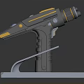 Futuristic Sci Fi Weapon With Yellow Gray Design And Silver Base Stand 3d model