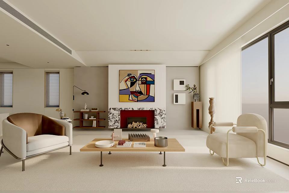 Modern Living Room Interior Design With Fireplace Artwork Coffee Table And Bright Lighting 3d model