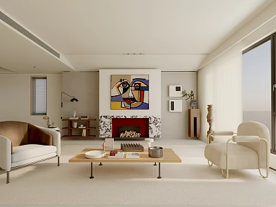 Modern Living Room Interior Design With Fireplace Artwork Coffee Table And Bright Lighting 3d model