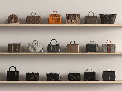 Stylish Handbags And Tote Bags On Shelves With Various Colors And Designs 3d model