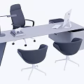 Modern Office Desk Setup with Computer Monitor Keyboard Desk Lamp Books and Comfortable Chairs