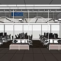 Modern Public Office Space With Open Layout Workstations Large Windows And City Skyline View 3d model