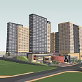 Modern High Rise Office Building Complex With Glass Facade And Urban Surroundings
