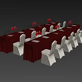 Conference Setup With Long Table Red Tablecloth And White Chairs Arrangement 3d model
