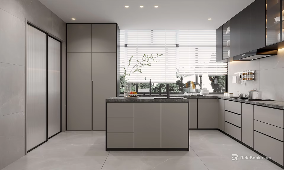 Modern Kitchen Interior With Gray Cabinets Island Sink And Window Blinds 3d model 