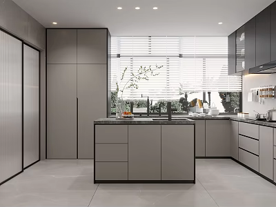 Modern Kitchen Interior With Gray Cabinets Island Sink And Window Blinds 3d model
