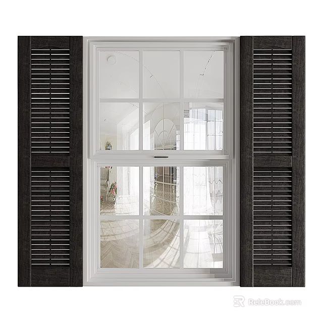 Classic Window Design With White Frame Dark Wooden Shutters And Natural Light 3d model 
