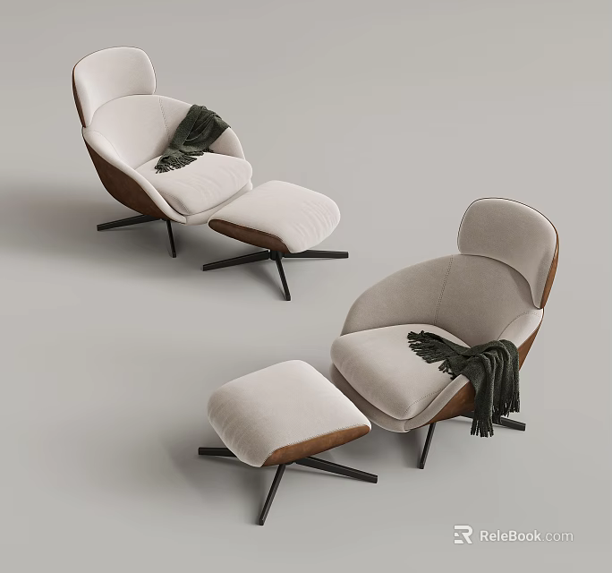 Modern Light Gray Armchairs And Ottomans With Dark Blankets Black Legs Design 3d model 