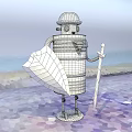 Vibrant Smart Robot With Blue Body Yellow Base Shield Sword And Star Decor On Sandy Beach