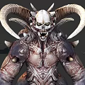 Game Movie Demon Character with Skeletal Head Glowing Yellow Eyes Large Horns Armored Body