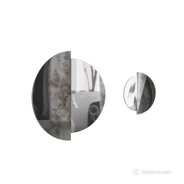 Two Round Mirrors Reflecting Patterned Walls and Outdoor Views in Black and White Style 3d model 