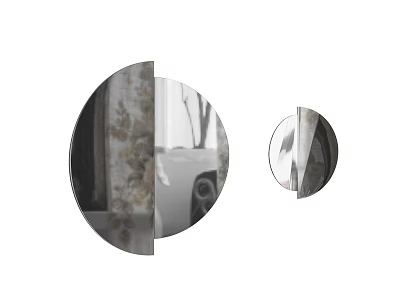 Two Round Mirrors Reflecting Patterned Walls and Outdoor Views in Black and White Style 3d model
