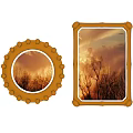 Beautiful Sunset Landscape Painting With Silhouette Trees And Orange Sky In Round And Rectangular Frames
