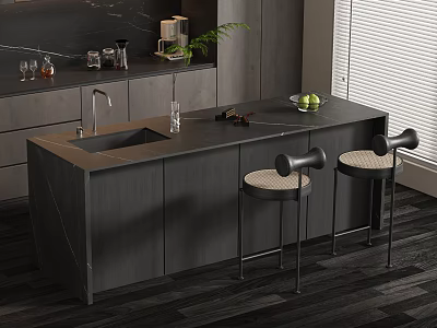 Modern Black Bar Counter With Sink Faucet Rattan Stools And Dark Cabinets 3d model