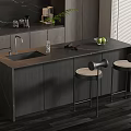 Modern Black Bar Counter With Sink Faucet Rattan Stools And Dark Cabinets