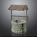 Ancient Stone Well Structure With Wooden Roof And Rope Frame