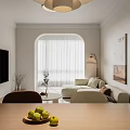 Modern Living And Dining Room Interior With Beige Sofa Arched Window And Decorative Painting