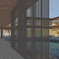 Modern Sales Office Building With Wooden Roof Black Vertical Slats Pool Evening Lighting And Trees