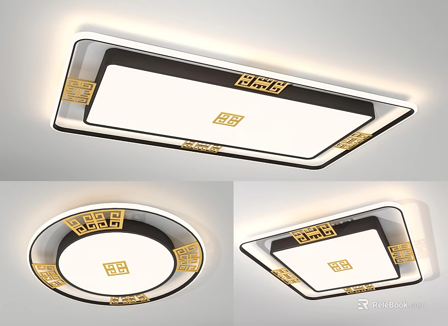 Modern Square And Round Ceiling Light With Golden Traditional Patterns Black Frame White Panel 3d model