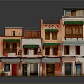 Traditional Multi Story Building Model With Colorful Facades Balconies And Green Awnings