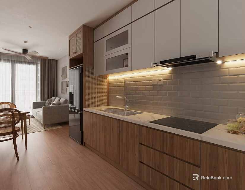 Modern Living Dining Area Interior With Open Concept Wooden Cabinets White Countertops And Lighting 3d model 