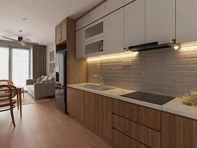 Modern Living Dining Area Interior With Open Concept Wooden Cabinets White Countertops And Lighting 3d model