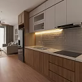 Modern Living Dining Area Interior With Open Concept Wooden Cabinets White Countertops And Lighting