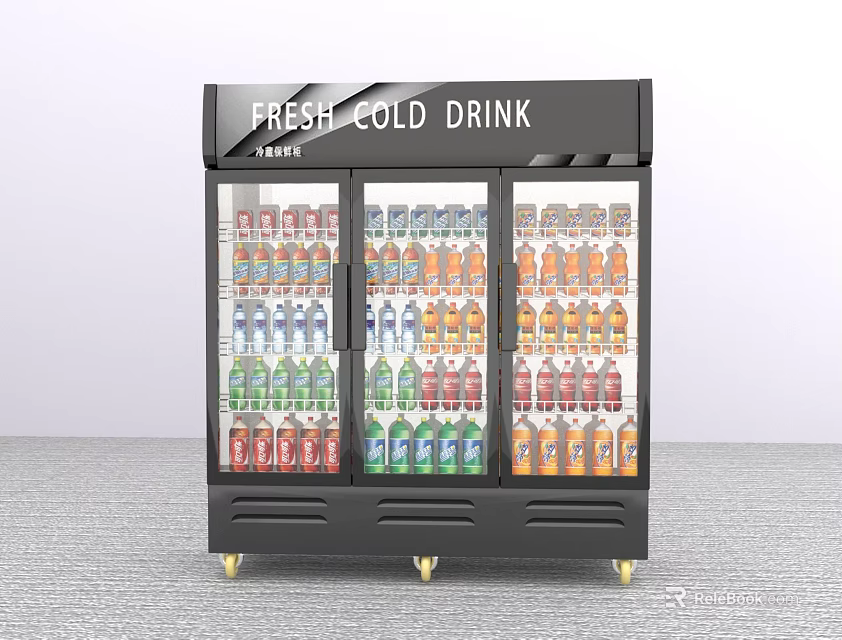 Three Door Commercial Display Refrigerator For Fresh Cold Drinks Storage With Glass Doors 3d model 