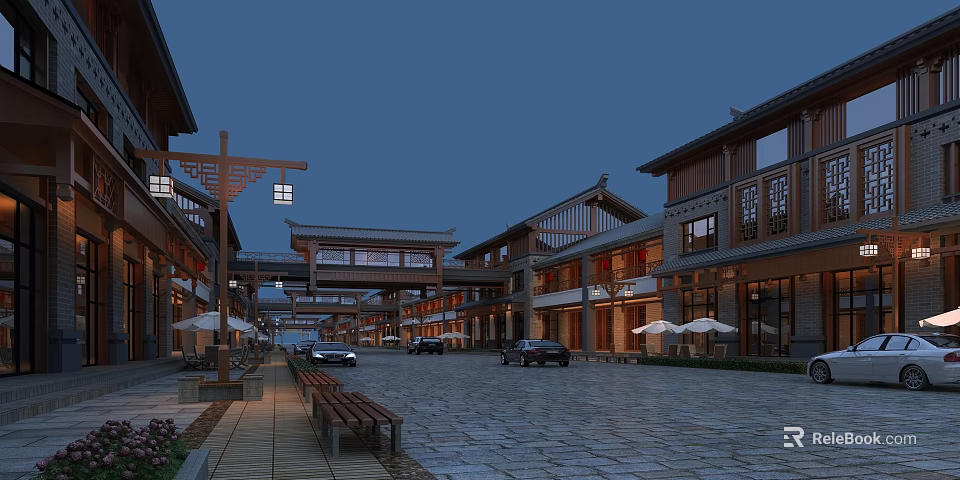 Traditional Architecture Commercial Street Evening Scene With Illuminated Lights Shops Cars And Benches 3d model 