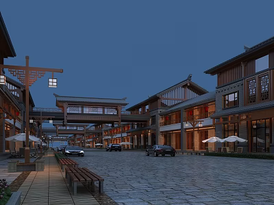 Traditional Architecture Commercial Street Evening Scene With Illuminated Lights Shops Cars And Benches 3d model