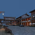Traditional Architecture Commercial Street Evening Scene With Illuminated Lights Shops Cars And Benches