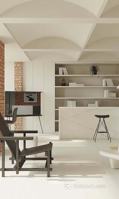 Bright Modern Minimalist Living Room With Built In Bookshelf And Exposed Red Brick Wall 3d model 