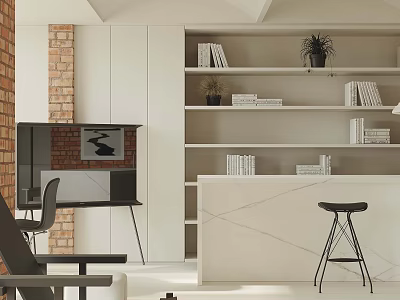 Bright Modern Minimalist Living Room With Built In Bookshelf And Exposed Red Brick Wall 3d model