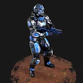 Futuristic Blue And Black Armored Character Holding Weapon Standing On Red Ground 3d model