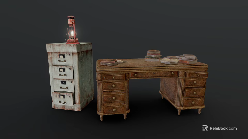 Vintage Wooden Office Desk With Matching Drawer Cabinet Stacked Books And Classic Lantern 3d model 