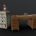 Vintage Wooden Office Desk With Matching Drawer Cabinet Stacked Books And Classic Lantern
