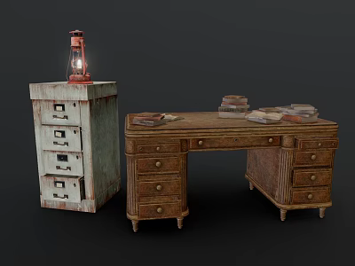 Vintage Wooden Office Desk With Matching Drawer Cabinet Stacked Books And Classic Lantern 3d model