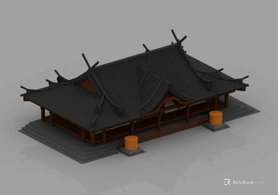 Ancient Chinese Architectural Design Featuring Curved Black Roof Overhanging Eaves And Wooden Platform 3d model 