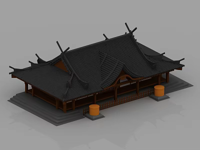 Ancient Chinese Architectural Design Featuring Curved Black Roof Overhanging Eaves And Wooden Platform 3d model